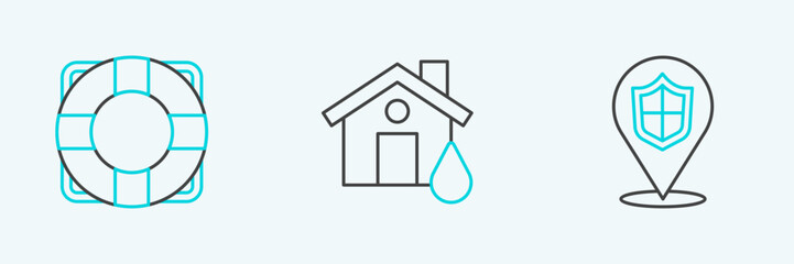 Set line Location shield, Lifebuoy and House flood icon. Vector
