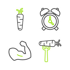 Set line Carrot on fork, Bodybuilder muscle, Alarm clock and icon. Vector