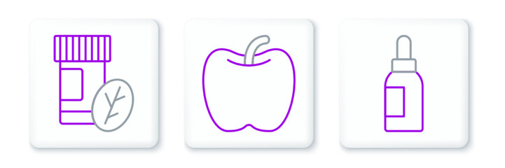 Set line Essential oil bottle, Vitamin pill and Apple icon. Vector