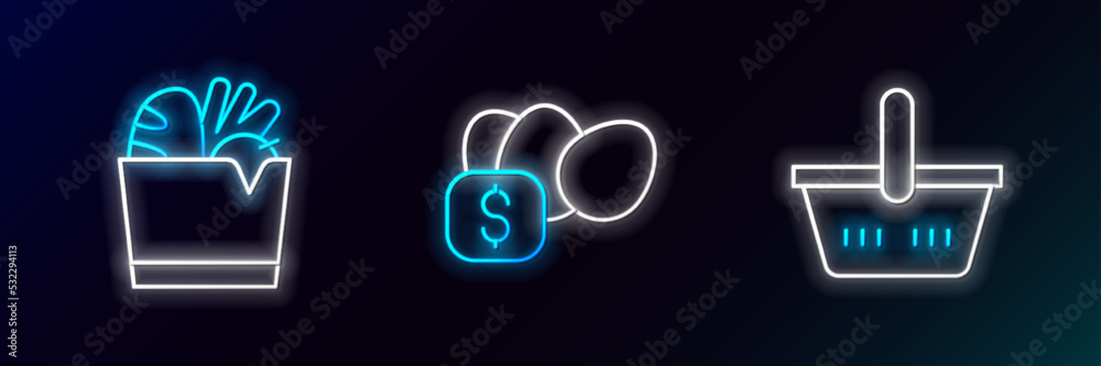 Sticker Set line Shopping basket, bag and food and Price tag for egg icon. Glowing neon. Vector