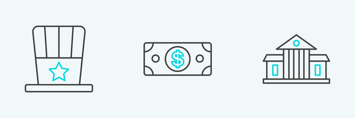 Set line White House, Patriotic American top hat and Stacks paper money cash icon. Vector