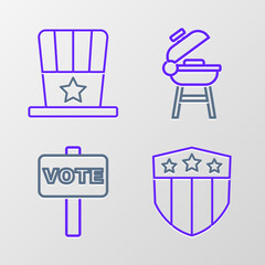 Set line Shield with stars, Vote, Barbecue grill and Patriotic American top hat icon. Vector