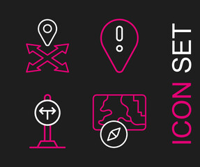Set line City map navigation, Fork in the road, Location with exclamation mark and icon. Vector