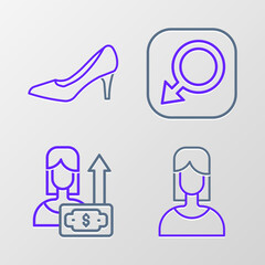 Set line Female, Money growth woman, Male gender and Woman shoe icon. Vector