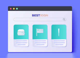 Set American flag, Burger and Baseball bat icon. Vector