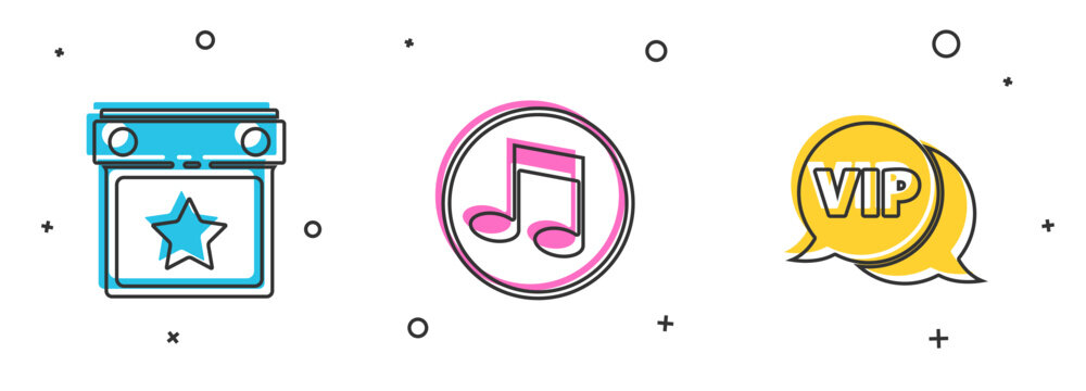 Set Calendar party, Music note, tone and Vip in speech bubble icon. Vector