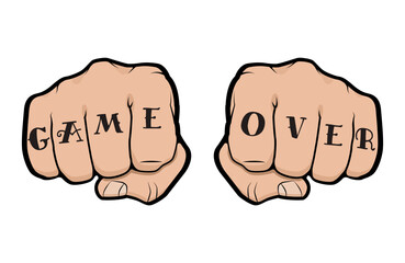 Fist with Game Over tattoo on fingers, front view of a man fist with tattoo