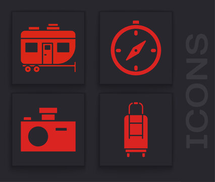 Set Suitcase, Rv Camping trailer, Compass and Photo camera icon. Vector