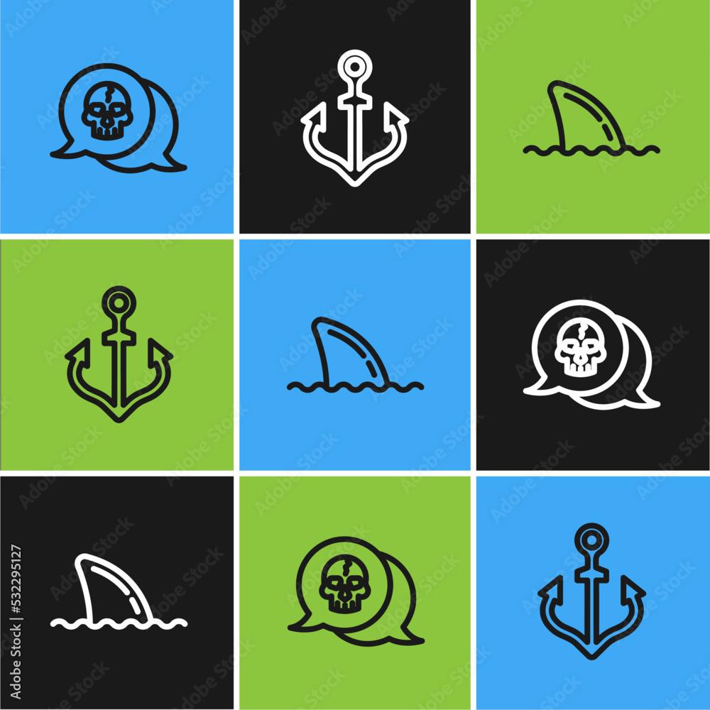 Wall mural Set line Skull, Shark fin in ocean wave and Anchor icon. Vector