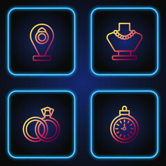 Set line Pocket watch, Wedding rings, Jewelry store and Necklace on mannequin. Gradient color icons. Vector