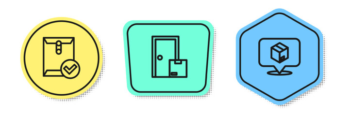 Set line Envelope and check mark, Home delivery services and Location with cardboard box. Colored shapes. Vector