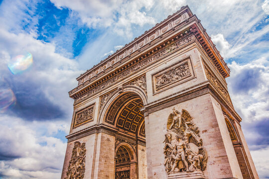 Arc de Triomphe, Place Charles de Gaulle, Paris, France. Site of French Unknown Soldier. Honors those who fought in Revolutionary Napoleonic and other wars.