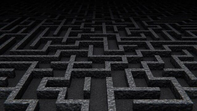 DOF fly-over camera realistic looping 3D animation of the dark granite stone maze or labyrinth rendered in UHD