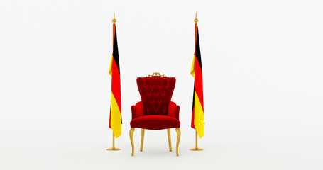 3D render of red king throne between two germany flag on white background, german independence day