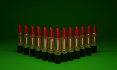 3d illustration, set of red lipstick, gold container, on a green background, beauty concept, 3d rendering.