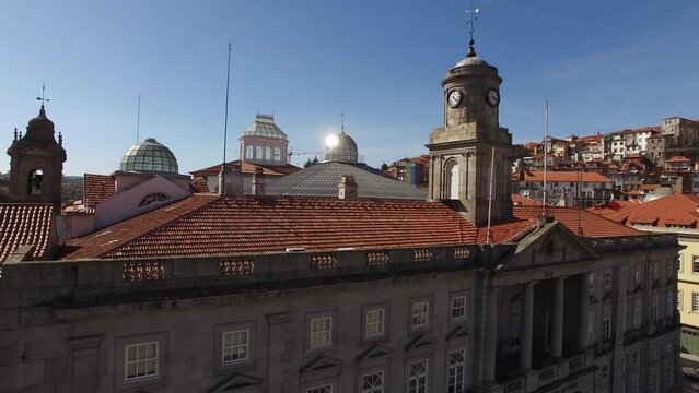 Stock Exchange Palace (Palácio da Bolsa) in Oporto, Portugal - Ascending Aerial Reveal shot