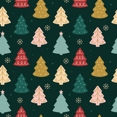 Christmas seamless pattern with colorful Christmas trees. Hand drawn background