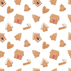 Gingerbread cookies seamless pattern in flat cartoon style.