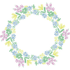 a frame of flowers drawn with colored pencils. round wreath. nice hand made design