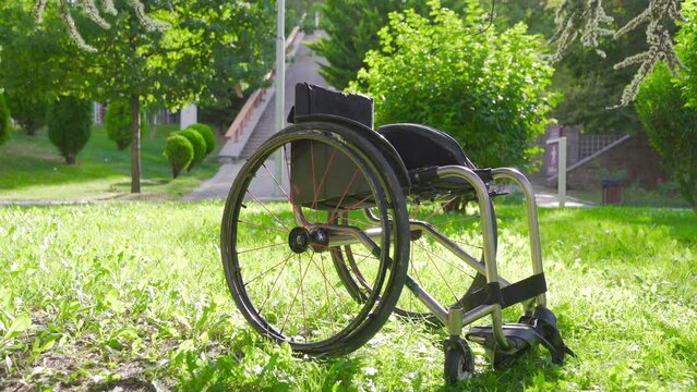 Wheelchair with medical equipment.
Wheelchair used by people with physical disabilities.
