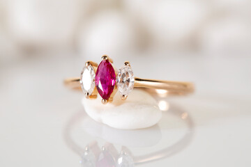 Diamond ring jewelry. Diamond ruby ring on background