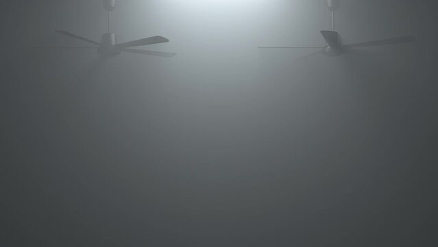 Monochromatic Pair of Looping Ceiling Fan in Empty Hazy Smoke Filled Space