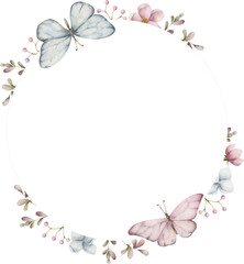 Round watercolor frame with flowers and butterflies. Hand-painted round frame for instagram, postcard, business card, invitation. Hand drawn watercolor ornament.