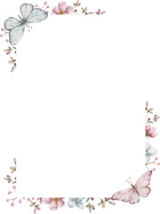 Rectangle frame with flowers and butterflies. Watercolor illustration