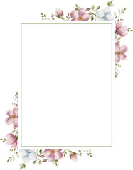 Rectangle watercolor frame of pink flowers. Hand-painted vertical (or horizontal) frame with flowers and blades of grass. Hand drawn watercolor ornament.