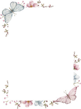 Rectangle frame with flowers and butterflies. Watercolor illustration