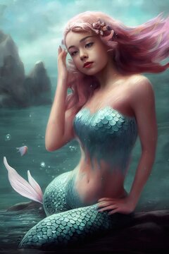 A beautiful young mermaid with a blue tail in fish scales and long pink hair sits on the seashore