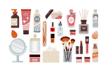 Makeup cosmetics in flat style top view on white background.Vector illustration