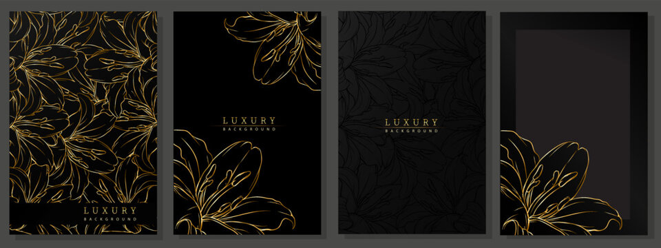 Orchids cover set. Luxury template with golden floral pattern. Black and gold background for elegant invite, presentation, wedding, menu, fashionable flyer.