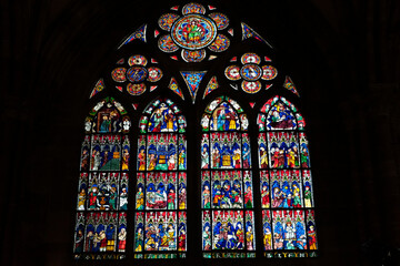 Strasbourg, France. Cathedral of Notre Dame. Stained glass in the interior. First version of the...