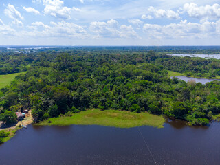 Aerial view of Igapó, the Amazon rainforest in Brazil, an incredible green landscape with lots of water and untouched nature