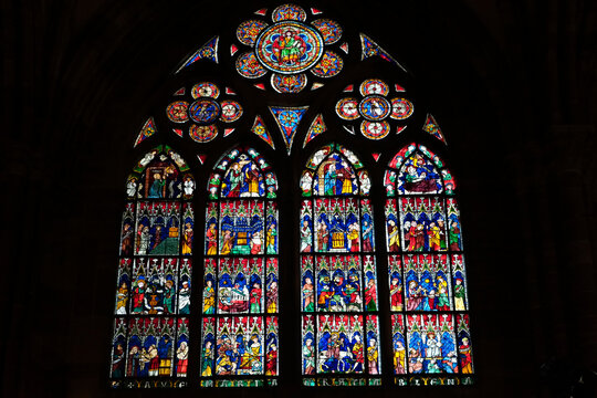 Strasbourg, France. Cathedral of Notre Dame. Stained glass in the interior. First version of the church was built in 1015 with little of the original Romanesque architecture remaining after a fire.