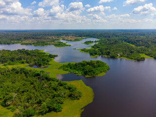 Aerial view of Igapó, the Amazon rainforest in Brazil, an incredible green landscape with lots of water and untouched nature