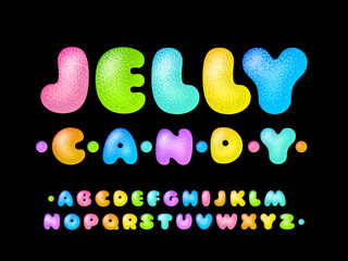 Jelly candy font. Soft glossy multicolored vector uppercase alphabet isolated on black background