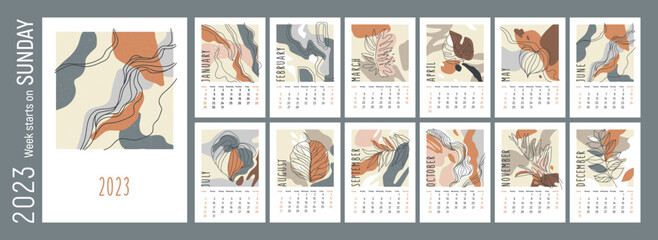 2023 calendar design. Week starts on Sunday.  Theme of Nature. Monthly wall  calender 2023. Abstract artistic vector illustration with plants, leaves. Editable calendar page template.