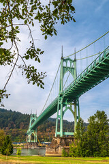 Autumn landscape of St. John's Bridge over Cathedral City Park in Portland. St. John's Bridge over...