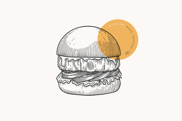 Hand-drawn burger with tomato slices and cheese on a light isolated background. Street food in engraving style. Vector illustration for restaurant menus, for packaging in markets and shops.