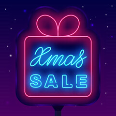 Obraz premium Xmas sale neon biilboard in present frame. Merry Christmas special offer. Vector stock illustration