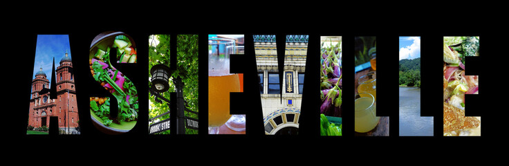 Text collage of images from Asheville North Carolina cutout on black - 532302973