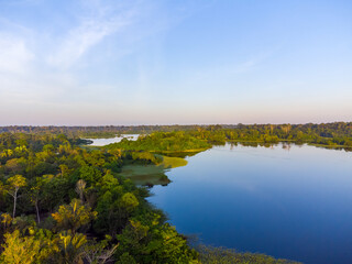 Aerial view of Igapó, the Amazon rainforest in Brazil, an incredible green landscape with lots of water and untouched nature at sunset time