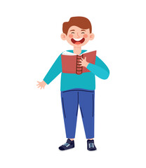 young boy singing with book