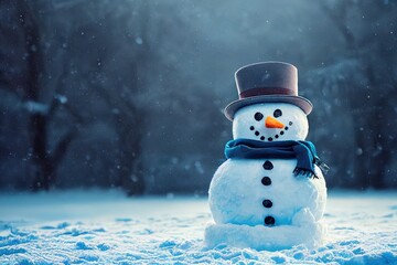 Smiling snowman in winter, wearing a hat and scarf, natural street lighting, forest background,...