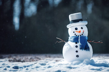 Smiling snowman in winter, wearing a hat and scarf, natural street lighting, forest background,...