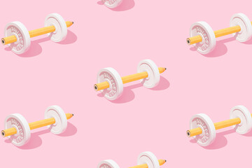 Abstract aesthetic school texture made with yellow pencils and dumbbells on isolated pastel pink background. Sun and shadows. Minimal concept of drawing or writing exercises.