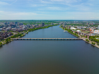 Boston Harvard Bridge on Charles River aerial view that connects city of Boston (left) and Cambridge (right), Massachusetts MA, USA.