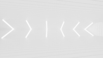 White neon laser led lights on Sci-Fi futuristic modern spaceship in dark tunnel. White corridor hangar garage metal glossy with showroom empty stage. Concept 3D CG of fantastic world.